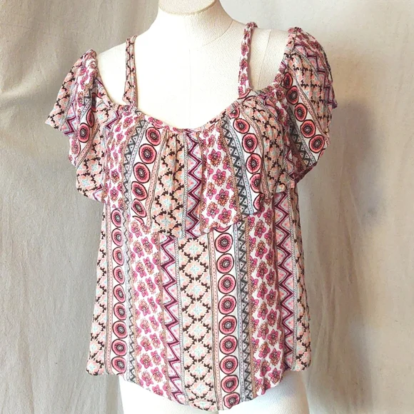 Midnight Sky Cold Shoulder Peasant Top, Colorful Geometric Floral women’s Large - Picture 9 of 10